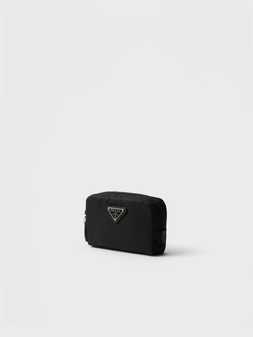 Prada Re-Nylon Mini Black Logo Cosmetic Pouch with Silver Triangle Plaque